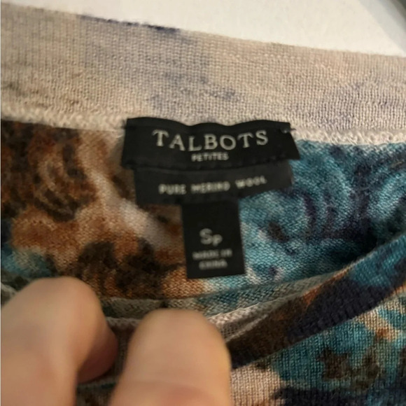 Talbots Womens Merino Wool Lightweight Rose Print Sweater Sm Petite Brown Blue - Picture 2 of 6